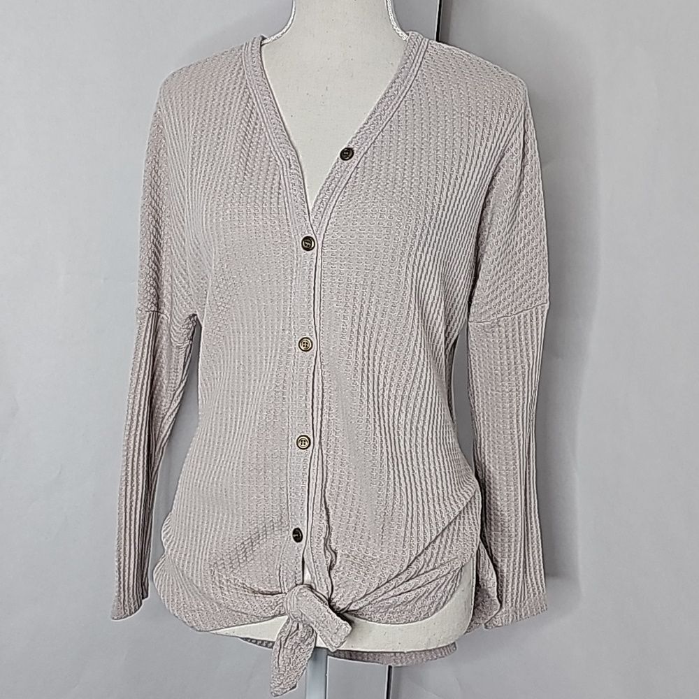 Top by Miholl Button and Tie Front Longer Back Long Sleeve Beige Size Small
